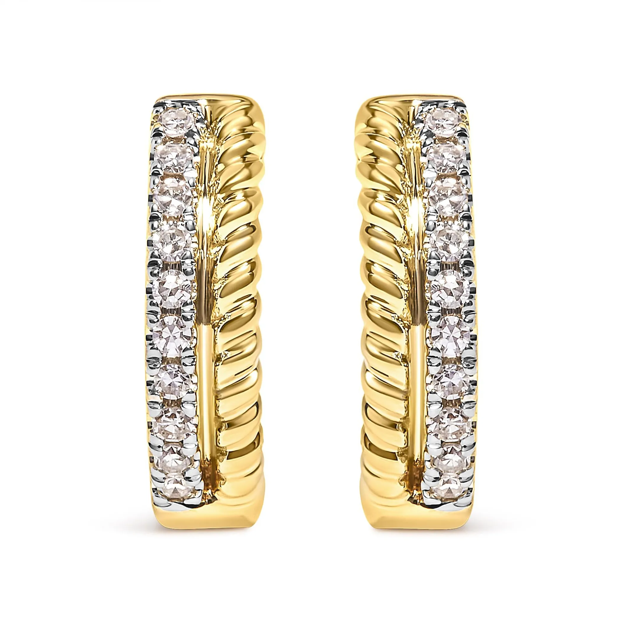10K Yellow Gold 1/10 Cttw Diamond and Rope Twist Huggy Hoop Earrings (H-I Color, I1-I2 Clarity)