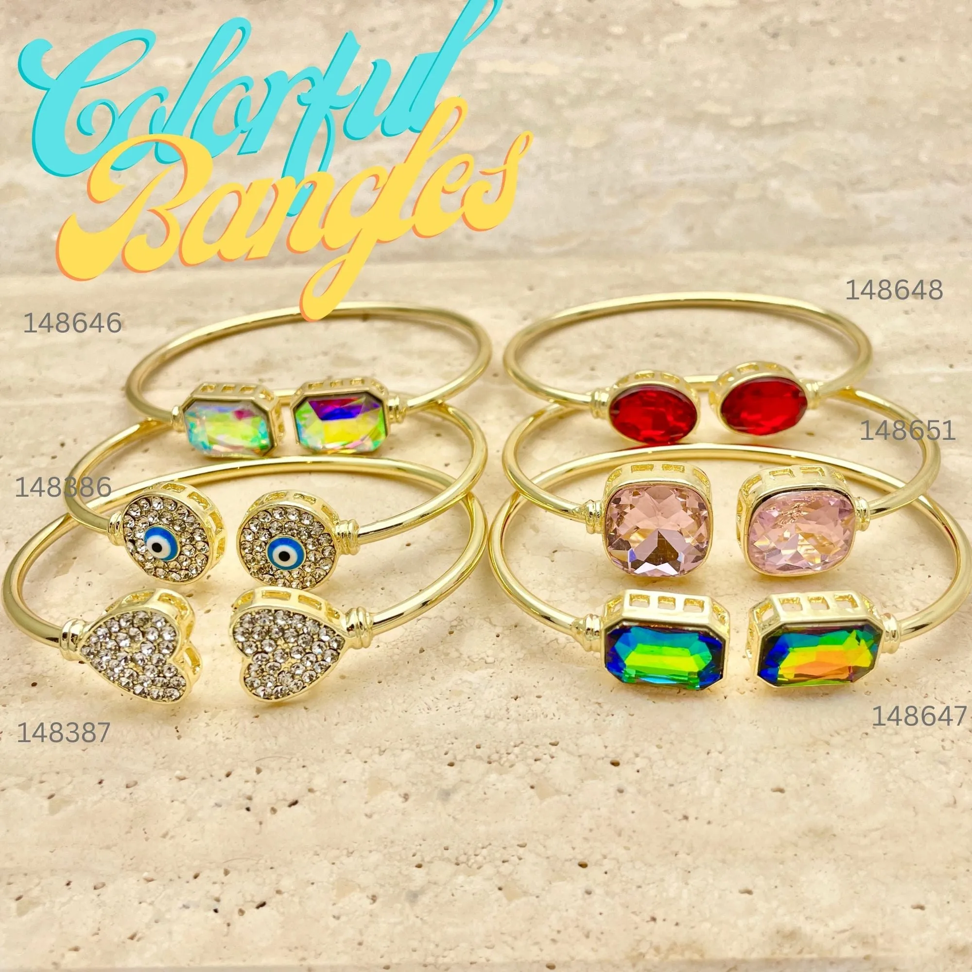 15pcs of Colorful Stone Bangles in Gold Layered ($6.67) ea