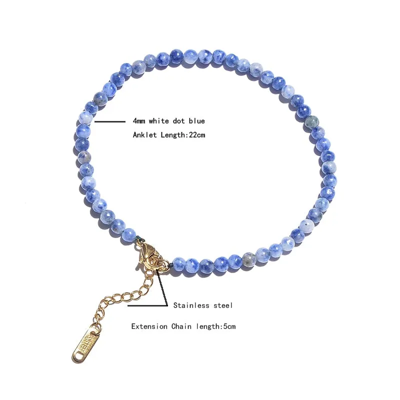 4mm White Dot Blue Beaded Anklet with Stainless Steel Lobster Clasp and Extension Chain Women Summer Beach