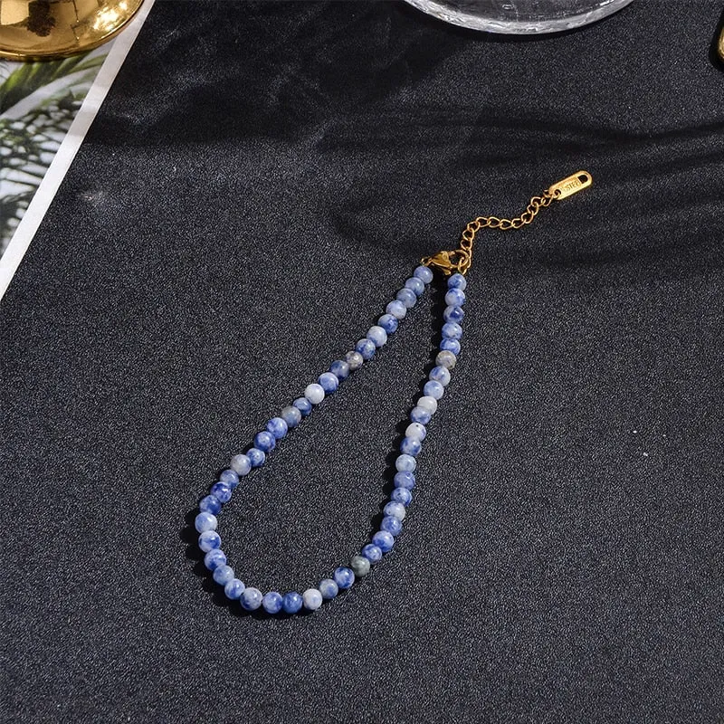 4mm White Dot Blue Beaded Anklet with Stainless Steel Lobster Clasp and Extension Chain Women Summer Beach