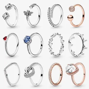 925 Sterling Silver Rings For Women Original Crown Heart Wishbone Engagement Wedding Rose Gold Crystal Ring Luxury Jewelry