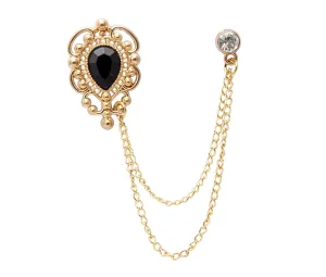 A N KINGPiiN Lapel Pin for Men Stone Detailing with Engraving Metal Crystal Chain Brooch Suit Stud, Shirt Studs Men's Accessories (Gold-Black)