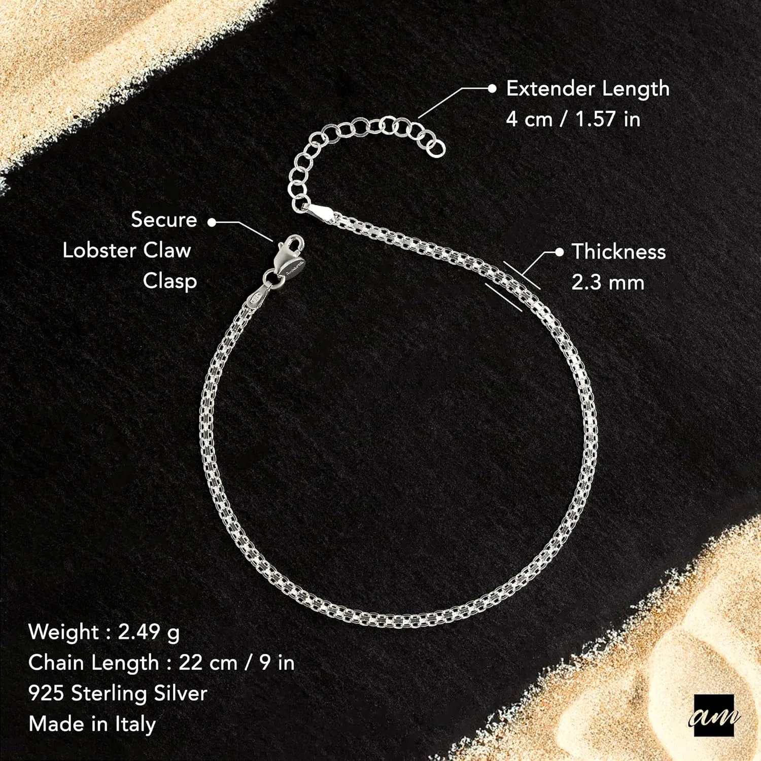 Amberta Italian Sterling Silver Anklet for Women 925 | Adjustable Ankle Bracelets for Women Beaded Heart Summer Jewelry