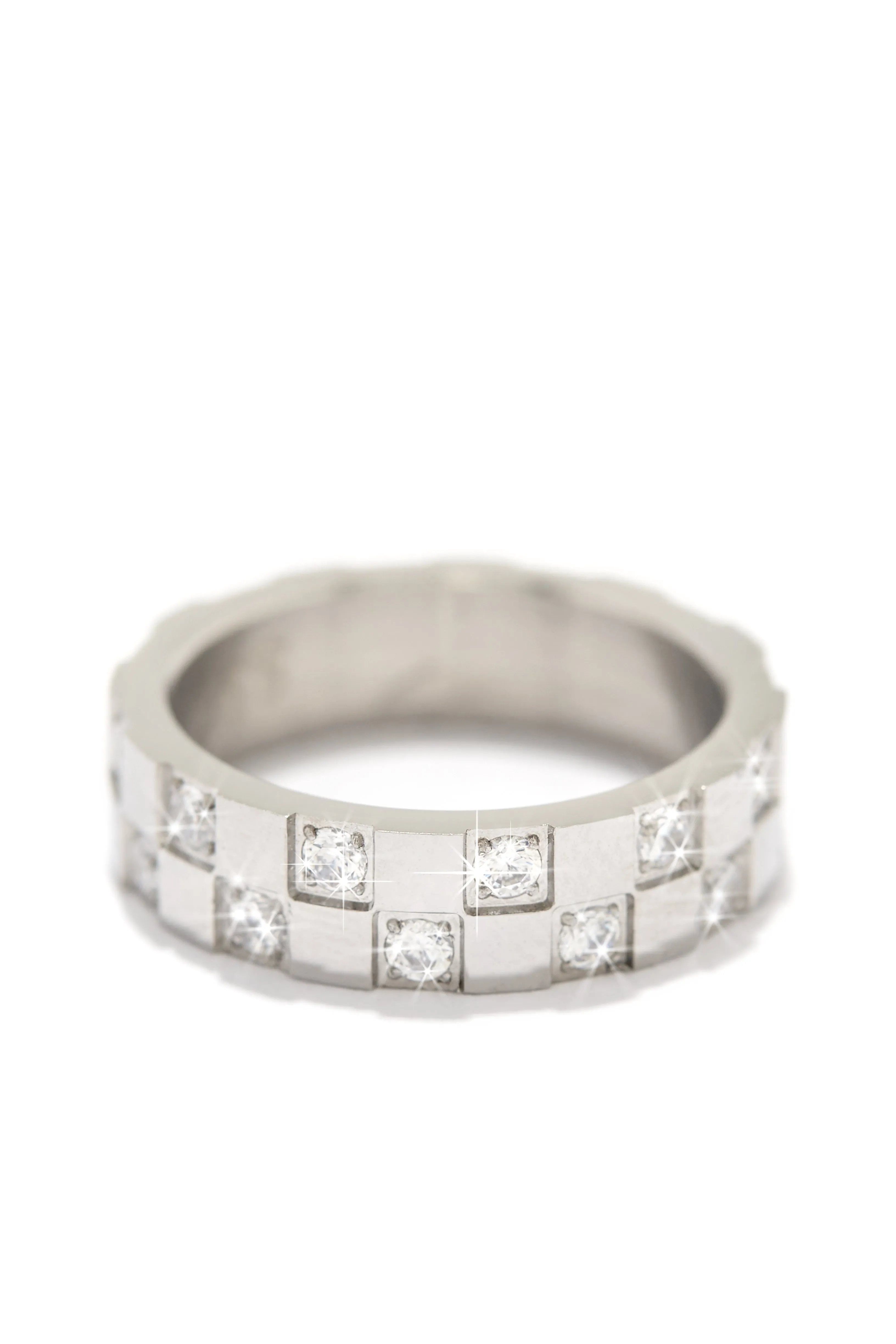 Ameena Rhodium Plated Stainless Steel CZ Checkered Ring - Silver