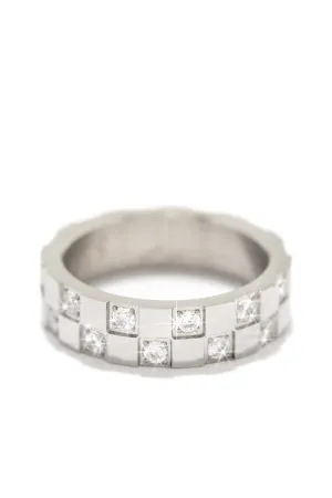 Ameena Rhodium Plated Stainless Steel CZ Checkered Ring - Silver
