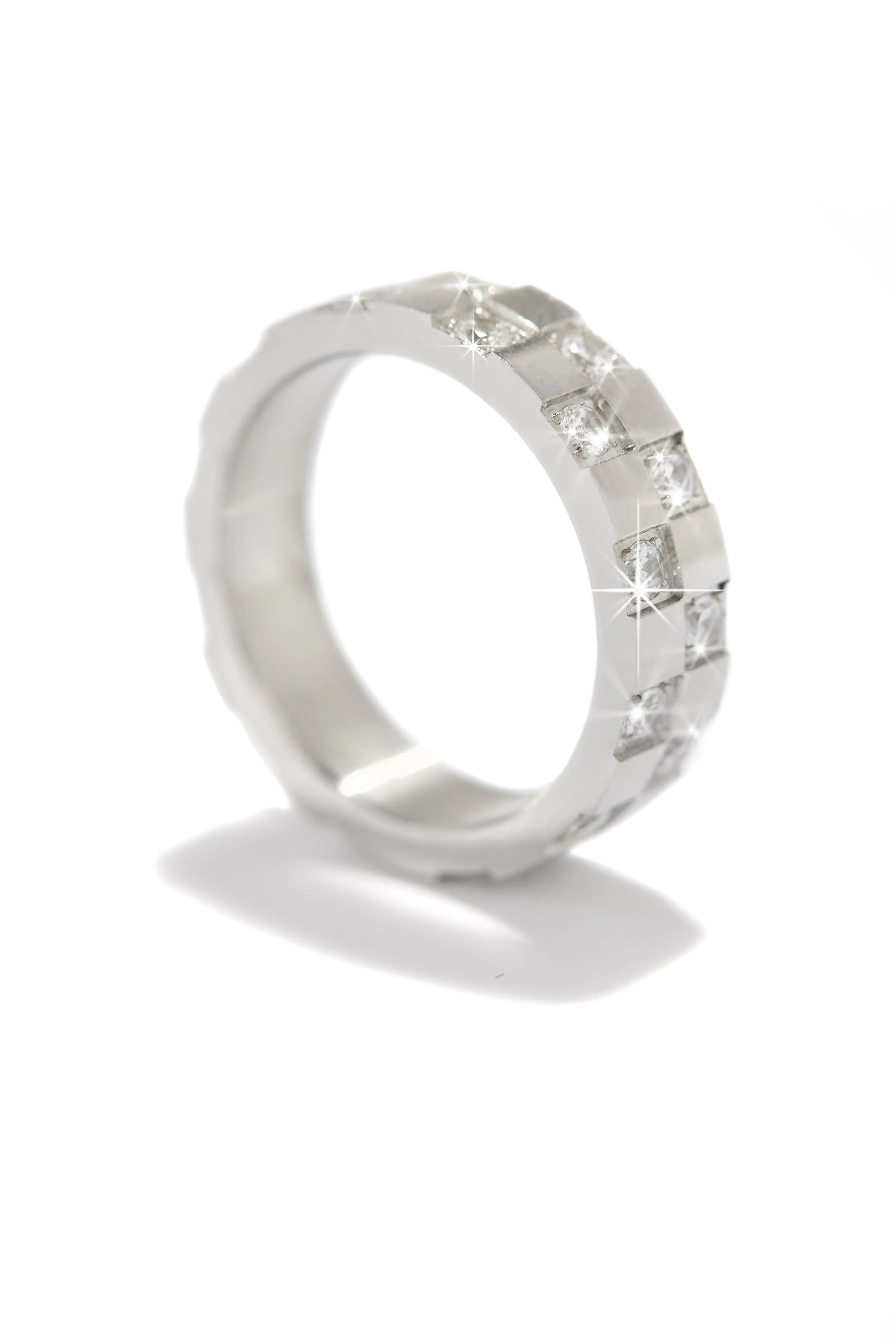 Ameena Rhodium Plated Stainless Steel CZ Checkered Ring - Silver