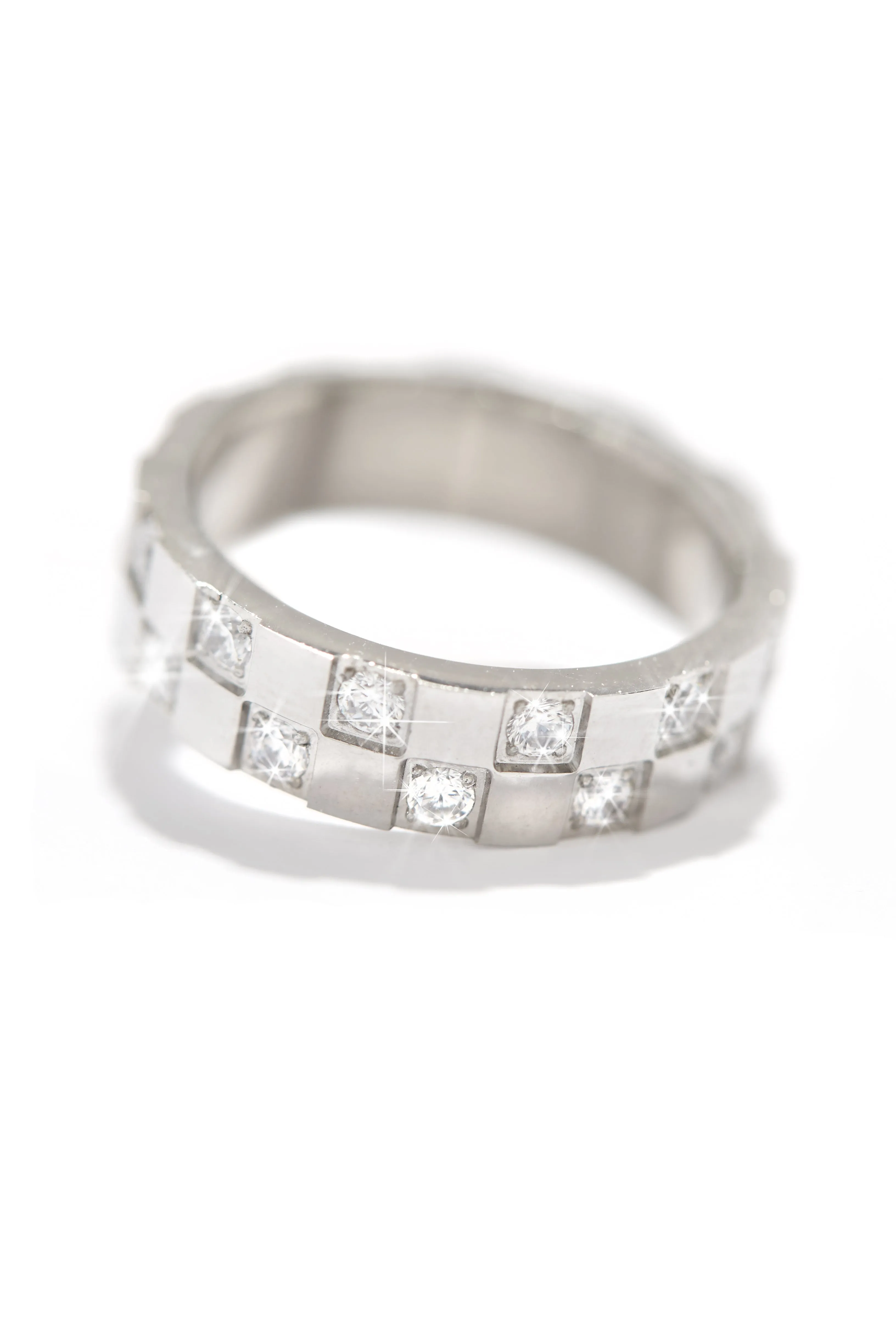 Ameena Rhodium Plated Stainless Steel CZ Checkered Ring - Silver