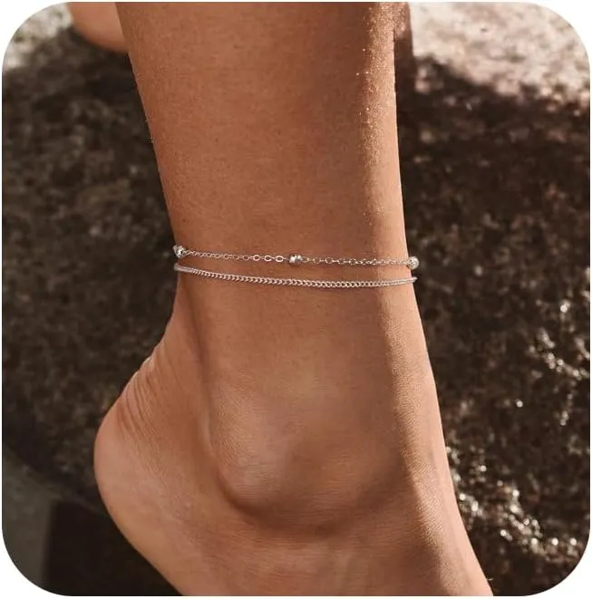 Ankle Bracelets for Women, Dainty 14K Gold Plated Beaded Chain Anklets Set Stackable Gold Anklets for Women Waterproof Layered Anklet Bracelet Cute Beach Summer Jewelry for Women