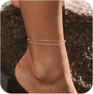Ankle Bracelets for Women, Dainty 14K Gold Plated Beaded Chain Anklets Set Stackable Gold Anklets for Women Waterproof Layered Anklet Bracelet Cute Beach Summer Jewelry for Women