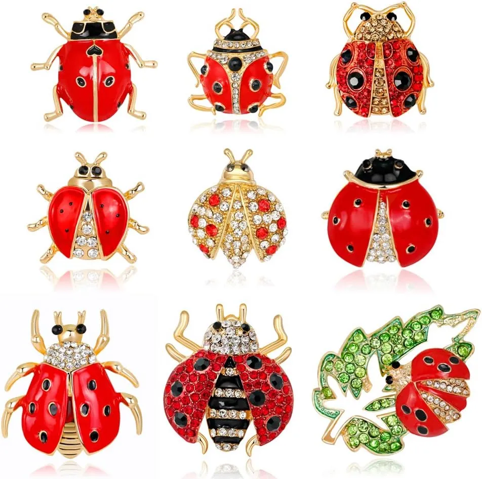 Apol Set of 9 Lovely Little Ladybug Brooch Womens Crystal Rhinestone Brooch Pins Party Gift Jewelry Accessories