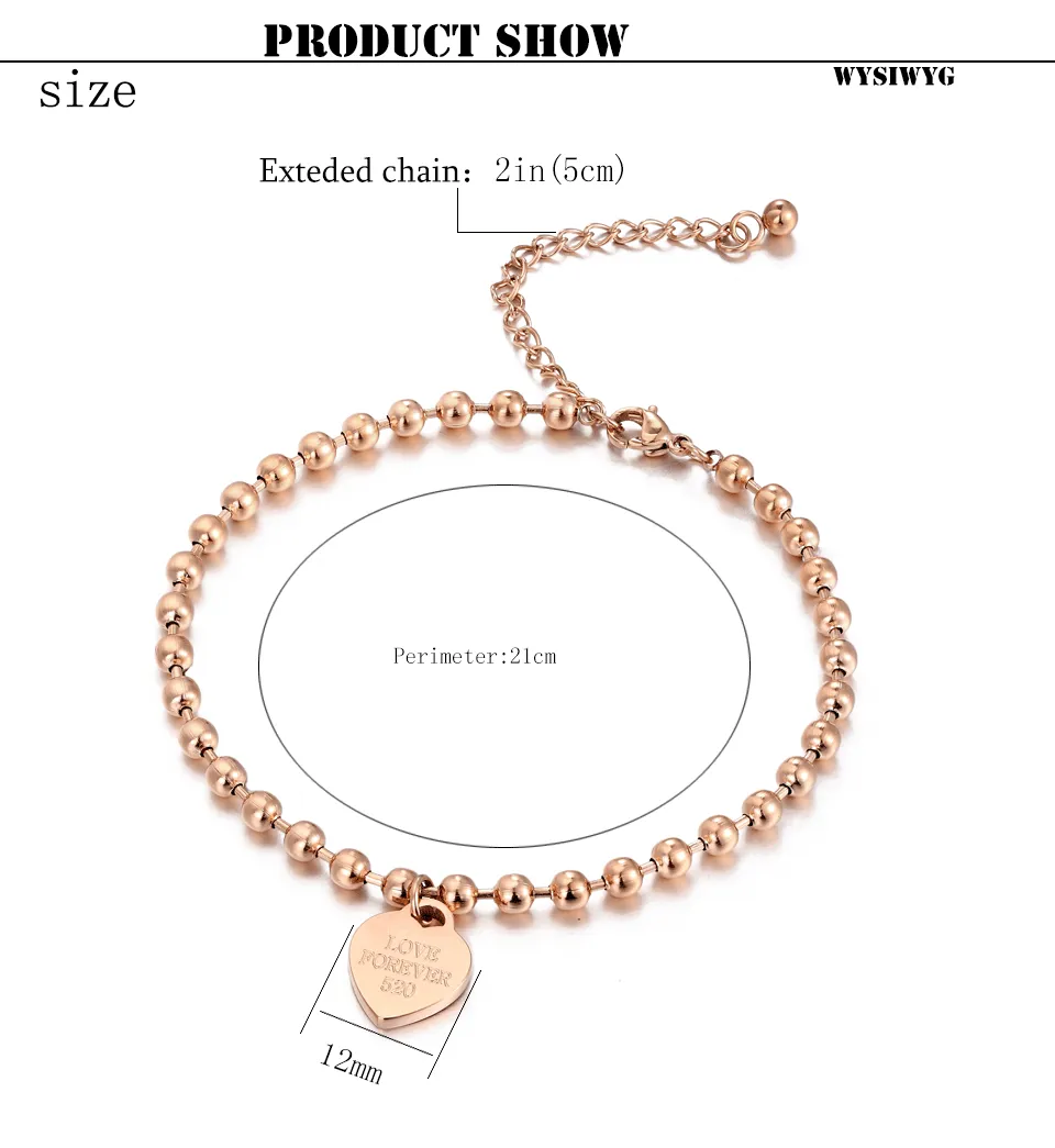 Beaded heart-shaped Pendant stainless steel Chain Anklet