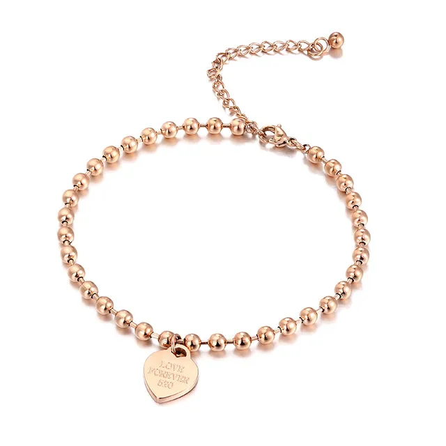 Beaded heart-shaped Pendant stainless steel Chain Anklet