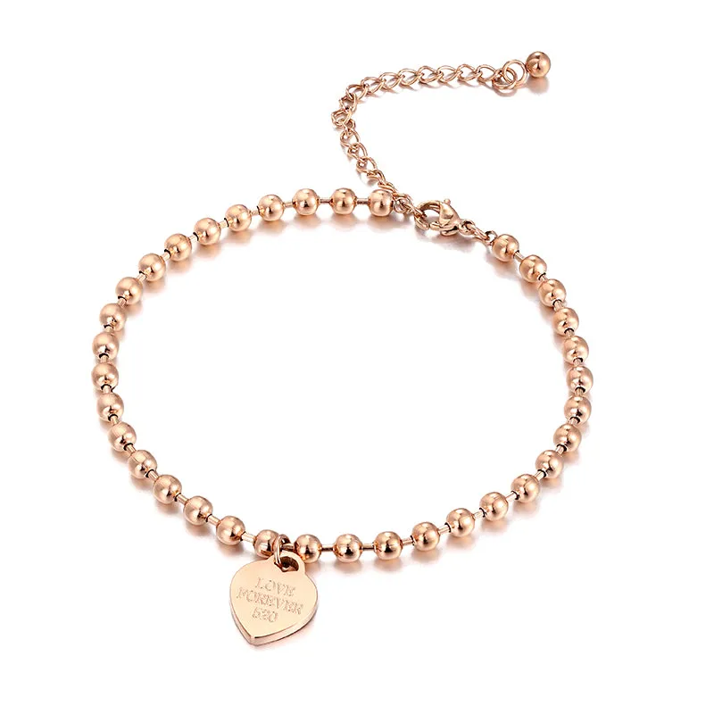 Beaded heart-shaped Pendant stainless steel Chain Anklet
