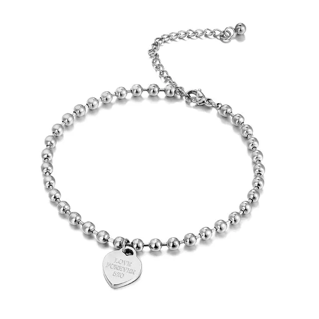 Beaded heart-shaped Pendant stainless steel Chain Anklet