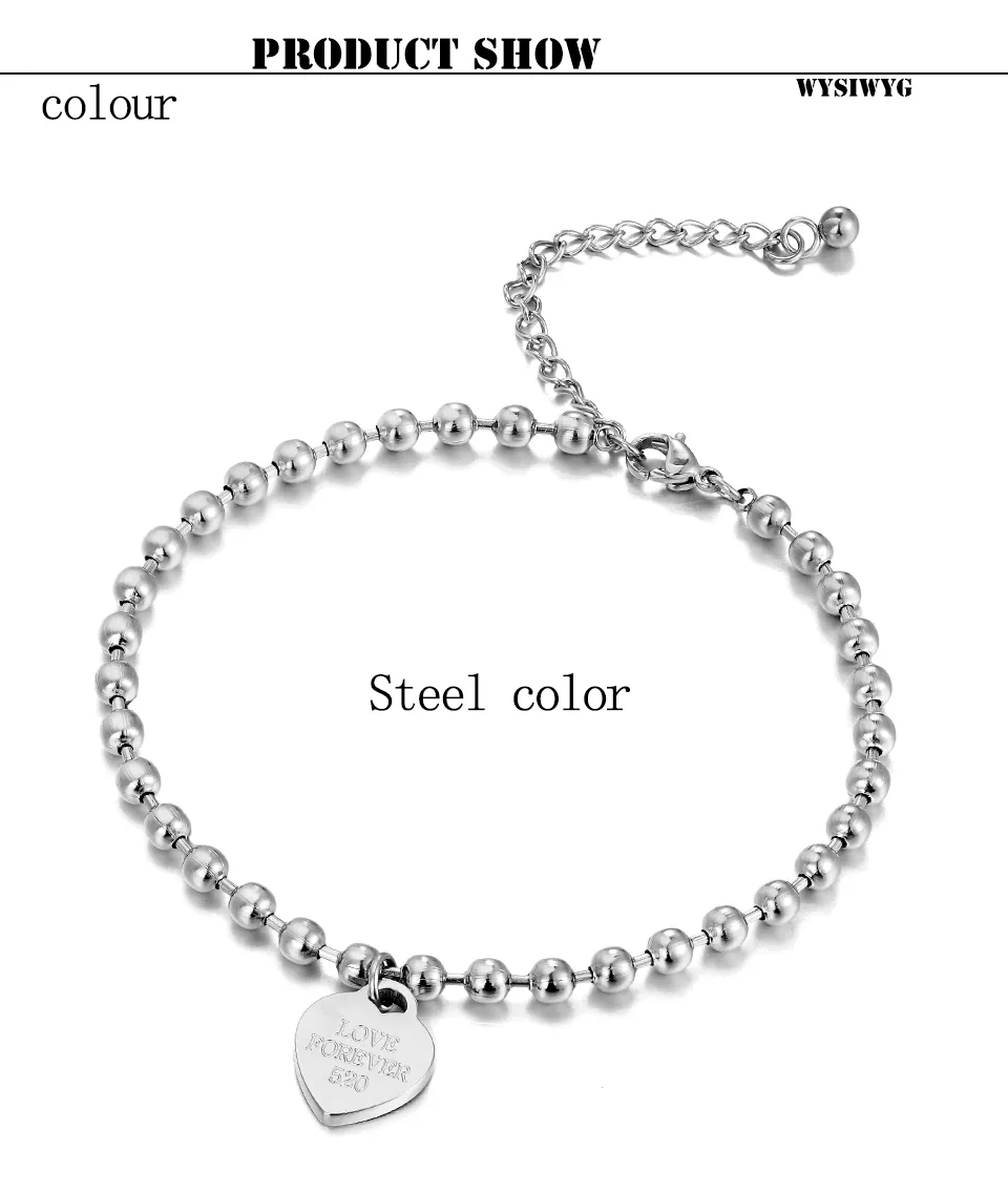 Beaded heart-shaped Pendant stainless steel Chain Anklet