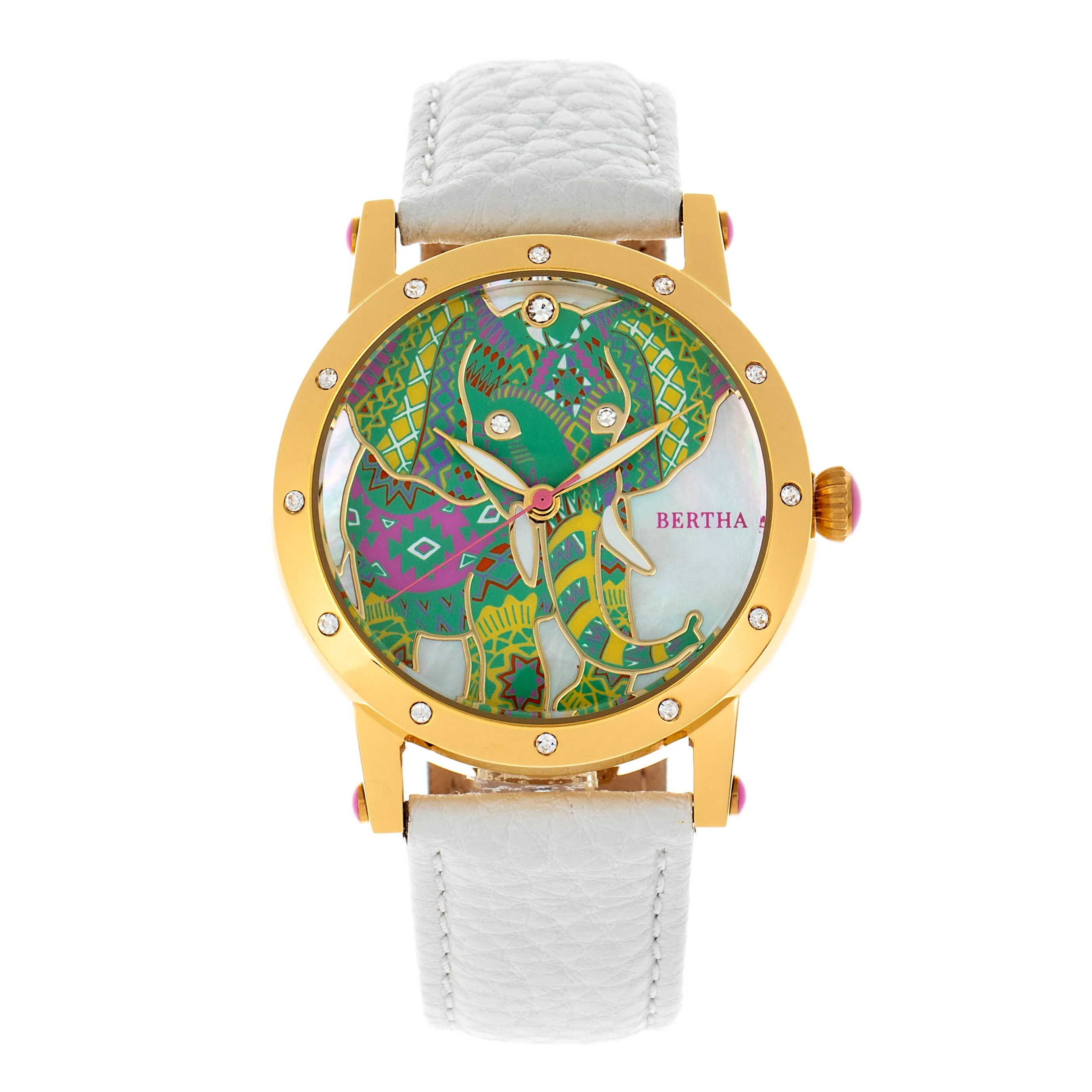 Bertha Betsy MOP Leather-Band Ladies Watch - Gold/White