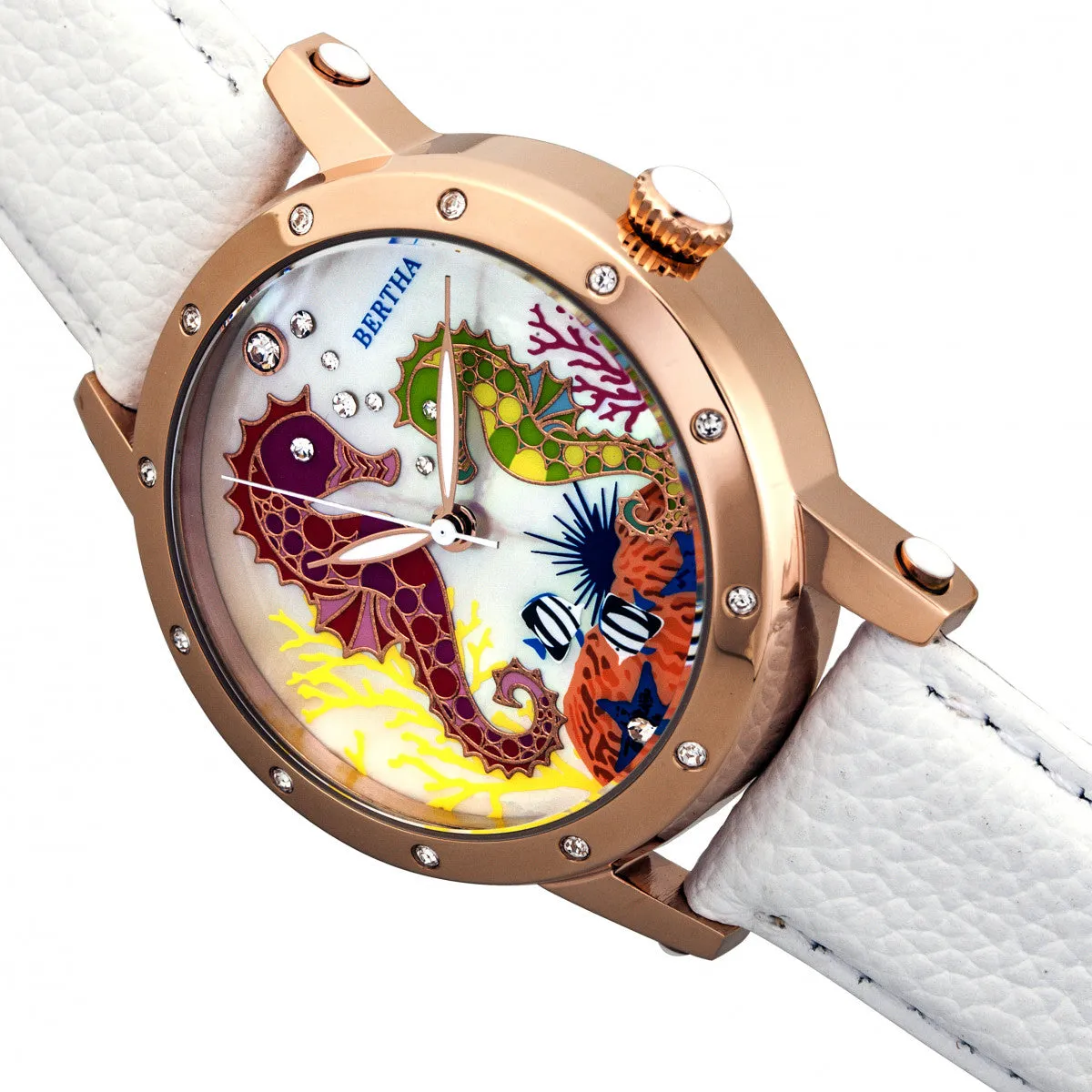 Bertha Morgan MOP Leather-Band Ladies Watch - Rose Gold/White