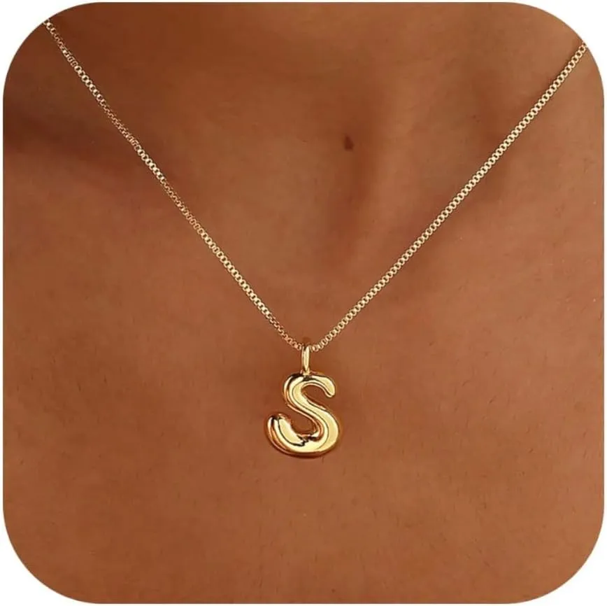 Bubble Gold Silver Letter Necklace Initial Necklaces for Women Trendy 14K Dainty Charm Pendant Name Necklace Personalized Jewelry Gift for Women Teen