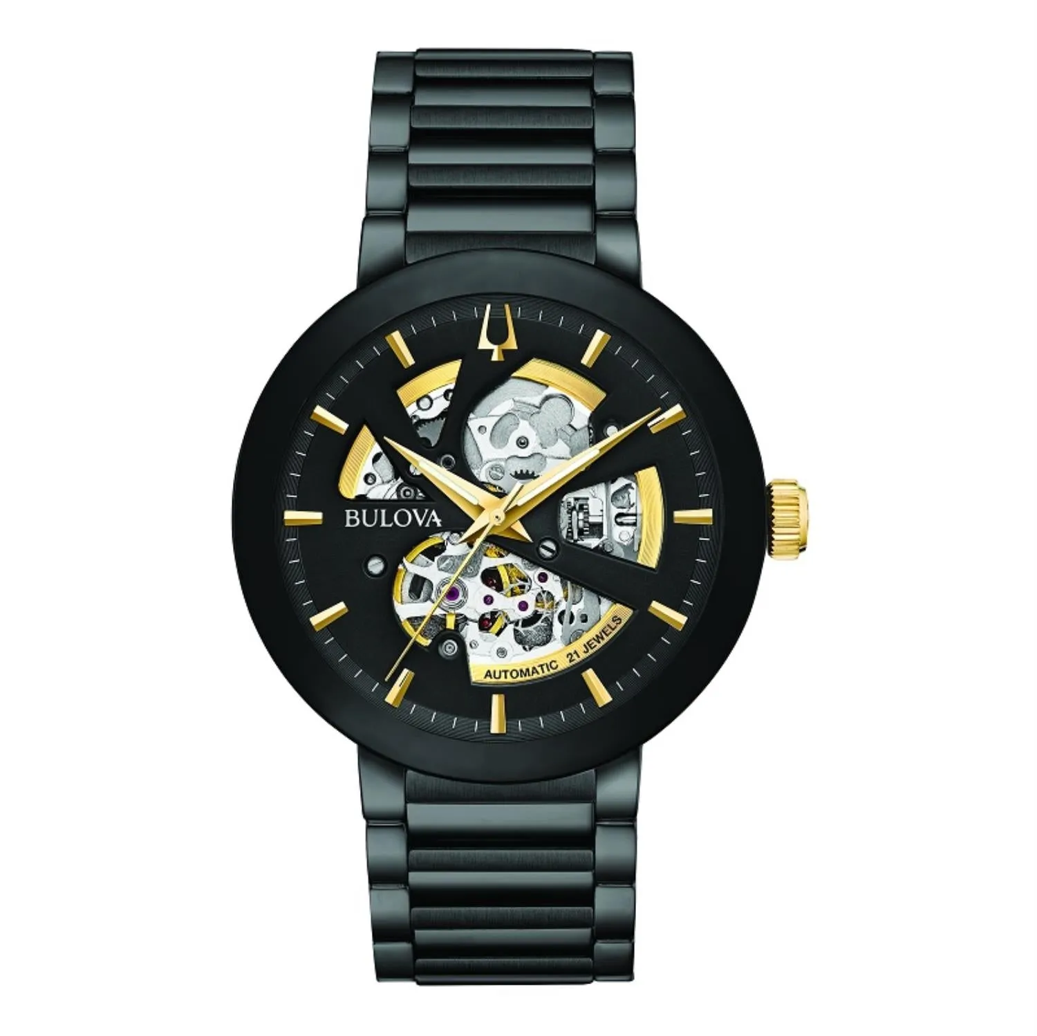 Bulova Watch with 42MM Black Round Dial and Stainless Steel Bracelet. 98A203
