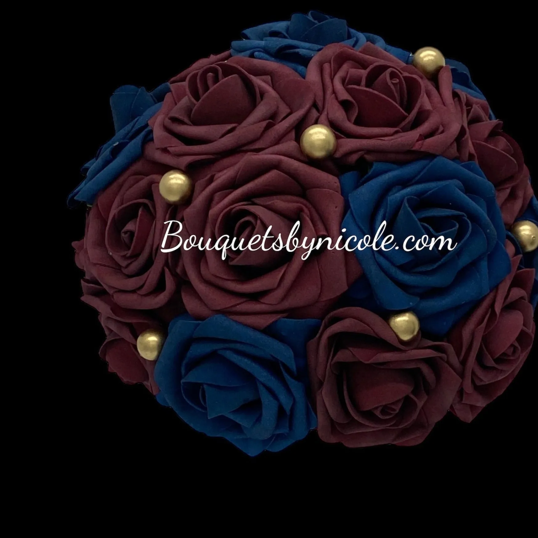 Burgundy Navy Blue Bridal Party Bouquet Package Real Touch Roses Bouquet