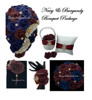Burgundy Navy Blue Bridal Party Bouquet Package Real Touch Roses Bouquet