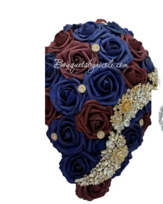 Burgundy Navy Blue Bridal Party Bouquet Package Real Touch Roses Bouquet