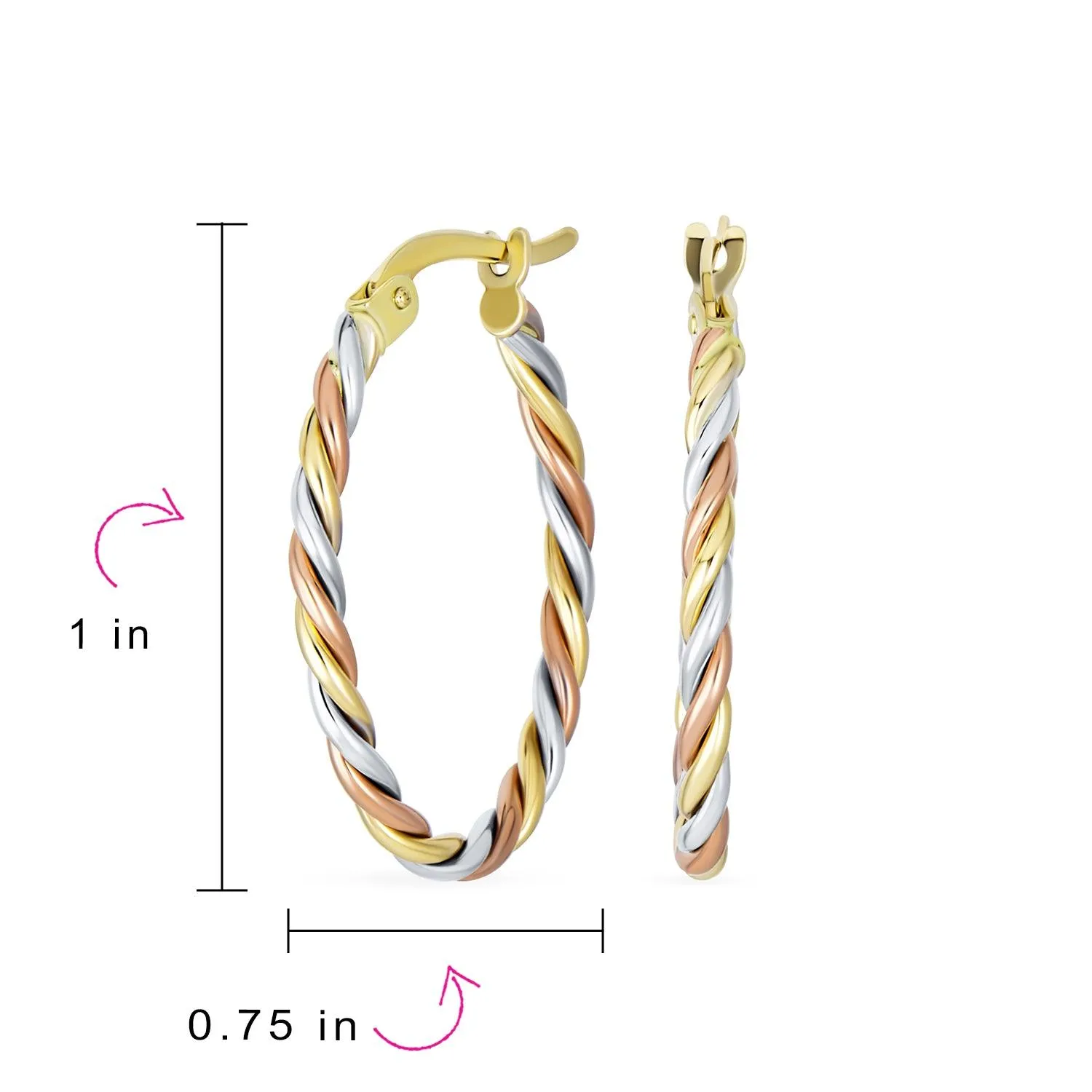 Classic 14K Tricolor Gold Twist Hoop Huggie Earrings Fine Jewelry 1x0.75 Inch