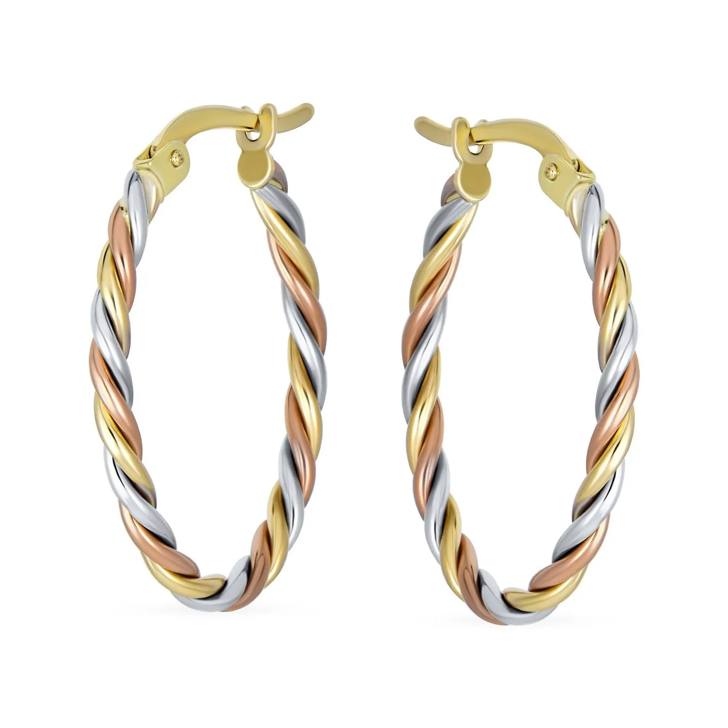Classic 14K Tricolor Gold Twist Hoop Huggie Earrings Fine Jewelry 1x0.75 Inch