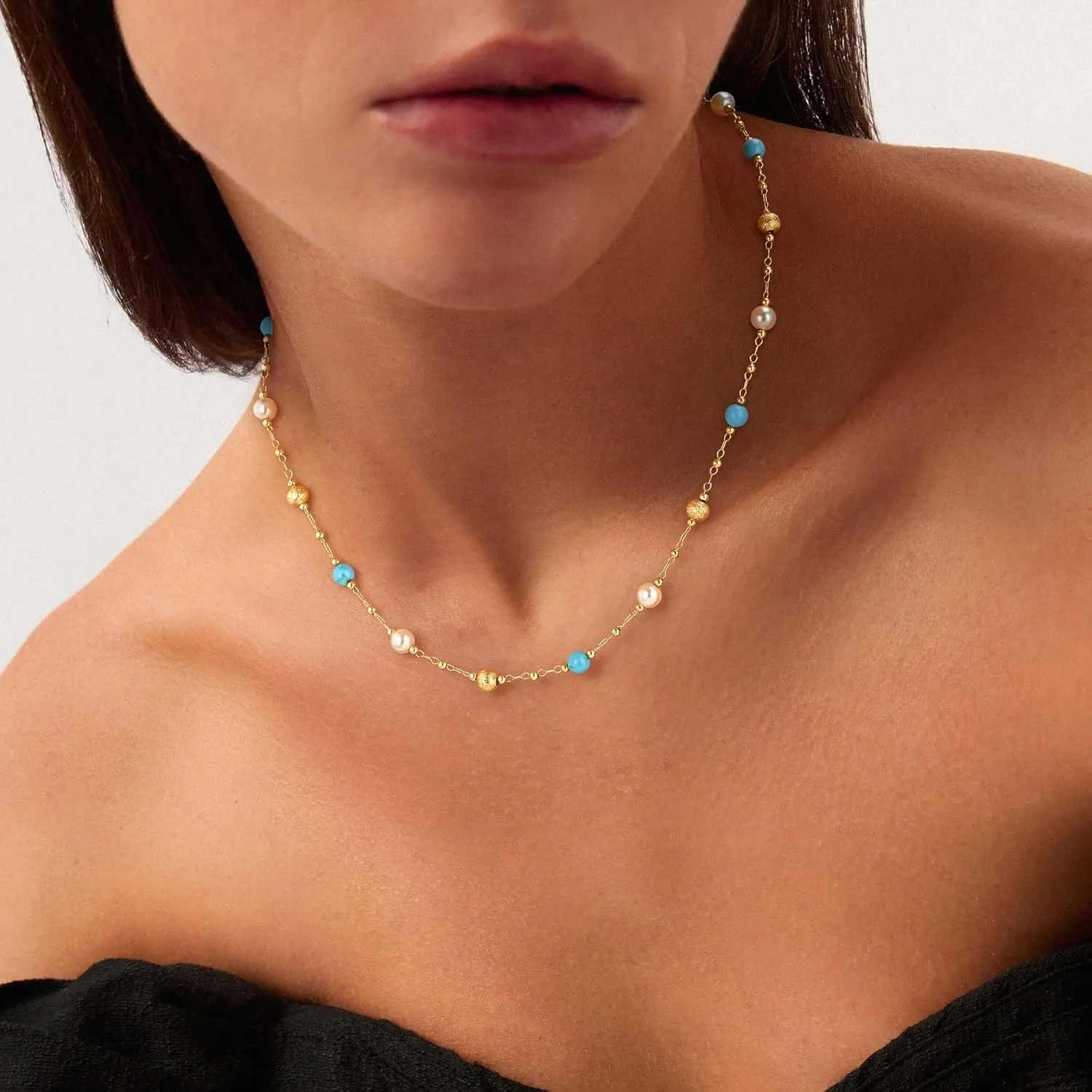 Created Turquoise Necklace for Women 14K Gold Plated Beaded Heart Choker Boho Necklaces Handmade Beach Summer Everyday Gold Jewelry Gifts