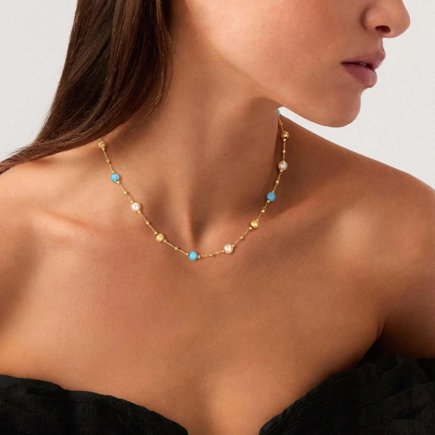 Created Turquoise Necklace for Women 14K Gold Plated Beaded Heart Choker Boho Necklaces Handmade Beach Summer Everyday Gold Jewelry Gifts