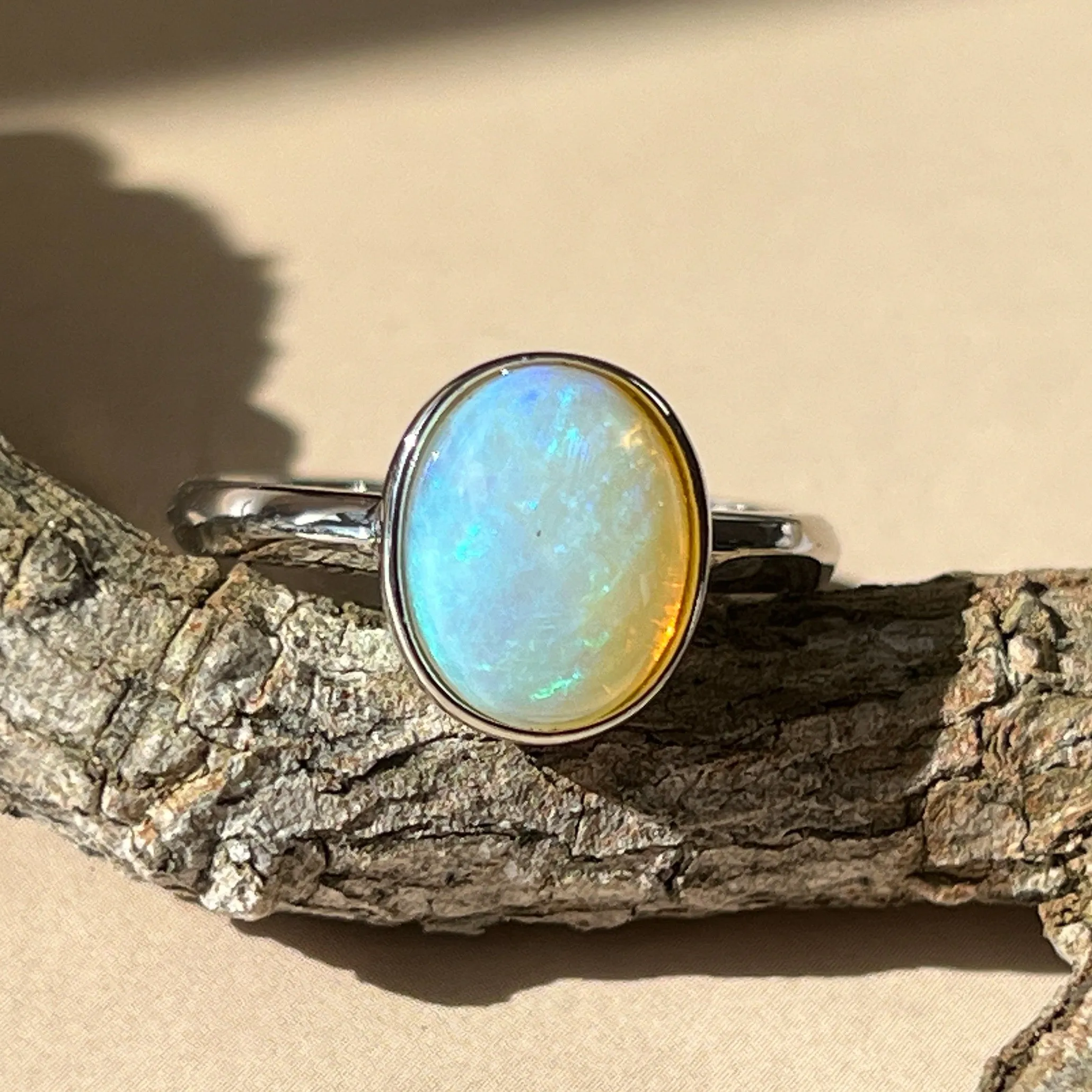 Dainty Solitaire White Opal Ring - Sterling Silver - Women's Gold, Blue & Silver Opal Jewelry9x7mm