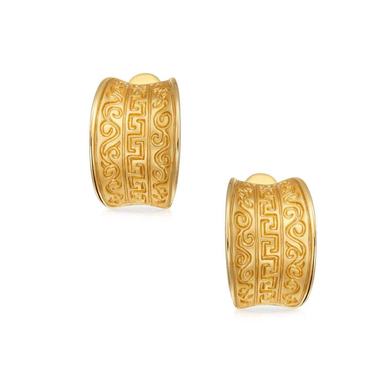 Egyptian Greek Motif Clip-On Earrings Wide Half Hoop Matte 14K Gold Plated Brass