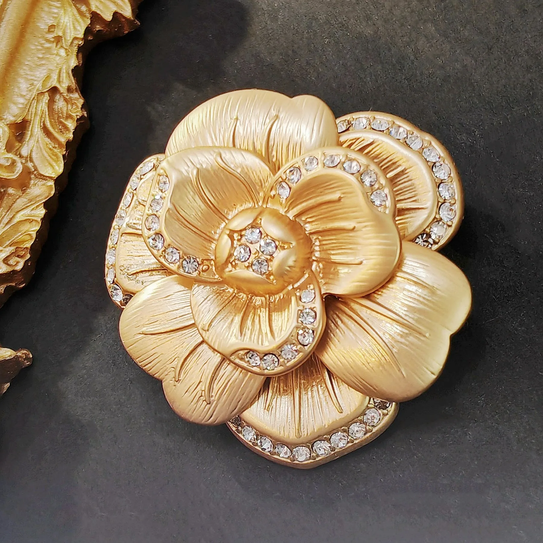 Elegancy Gold Metallic Bloom Camellia Flower Brooch Pin with Crystal Accent