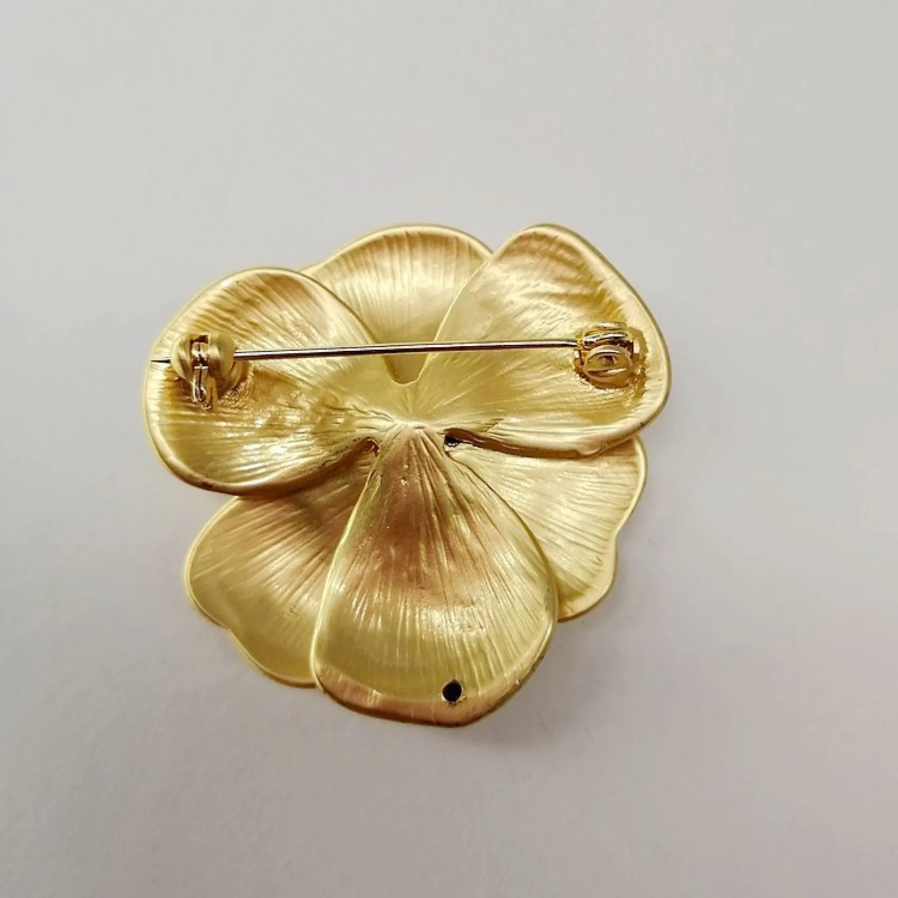 Elegancy Gold Metallic Bloom Camellia Flower Brooch Pin with Crystal Accent