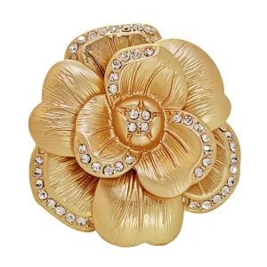 Elegancy Gold Metallic Bloom Camellia Flower Brooch Pin with Crystal Accent
