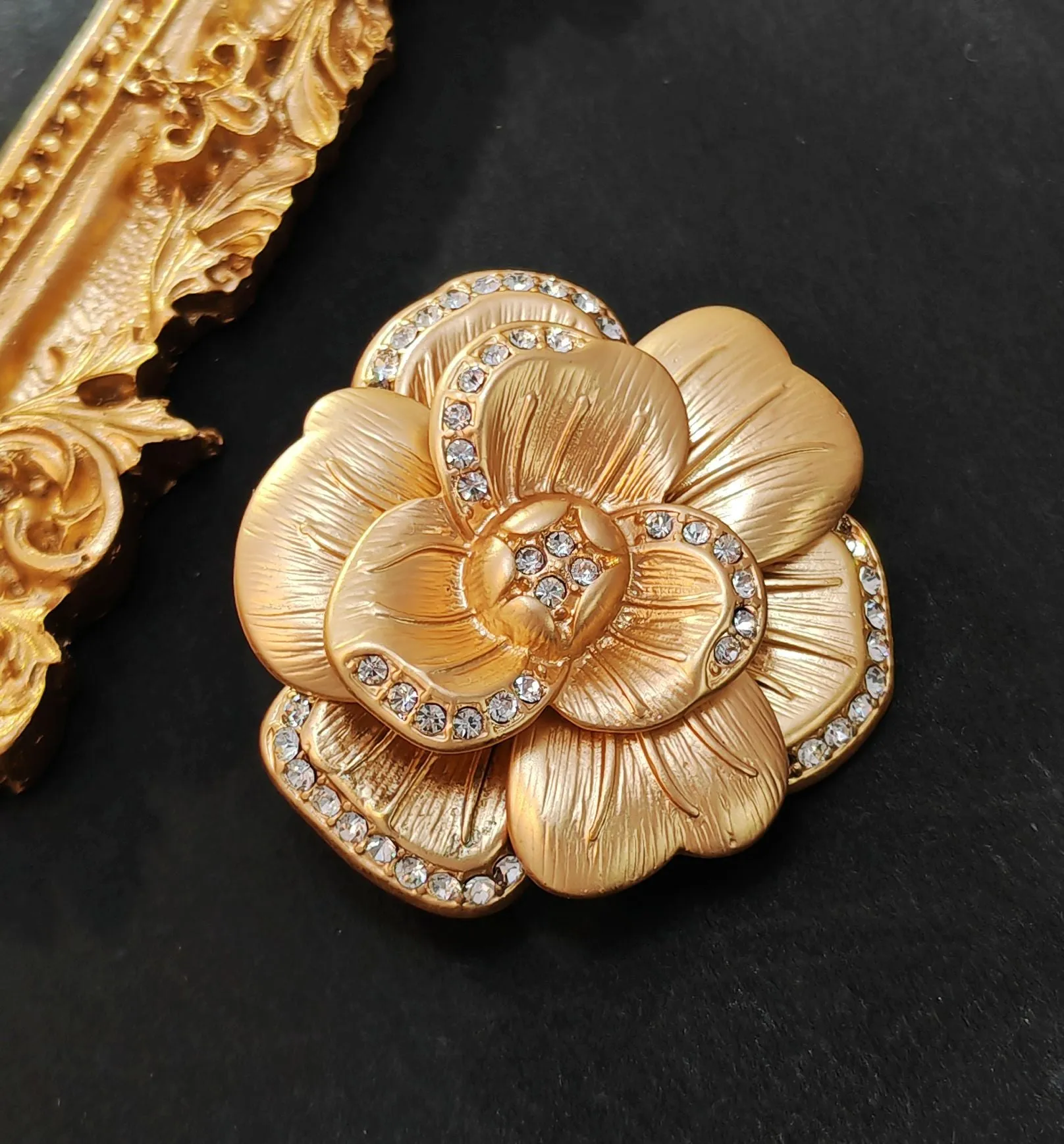 Elegancy Gold Metallic Bloom Camellia Flower Brooch Pin with Crystal Accent