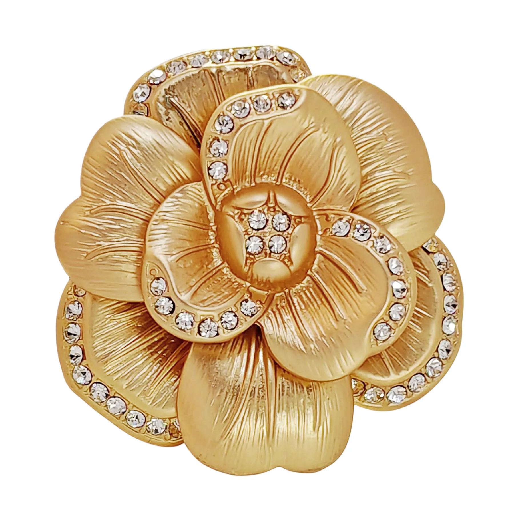 Elegancy Gold Metallic Bloom Camellia Flower Brooch Pin with Crystal Accent