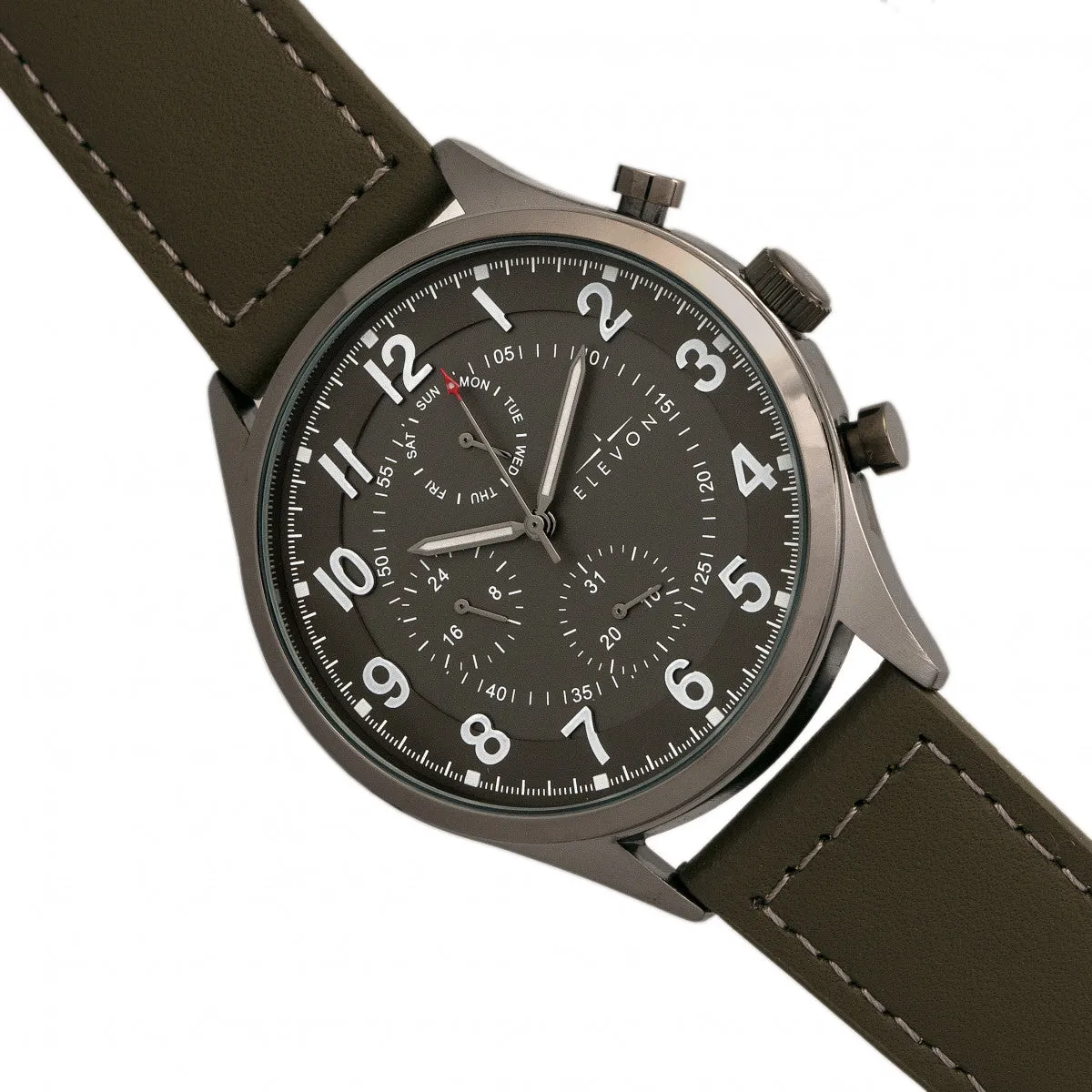 Elevon Lindbergh Leather-Band Watch w/Day/Date -  Olive/Grey