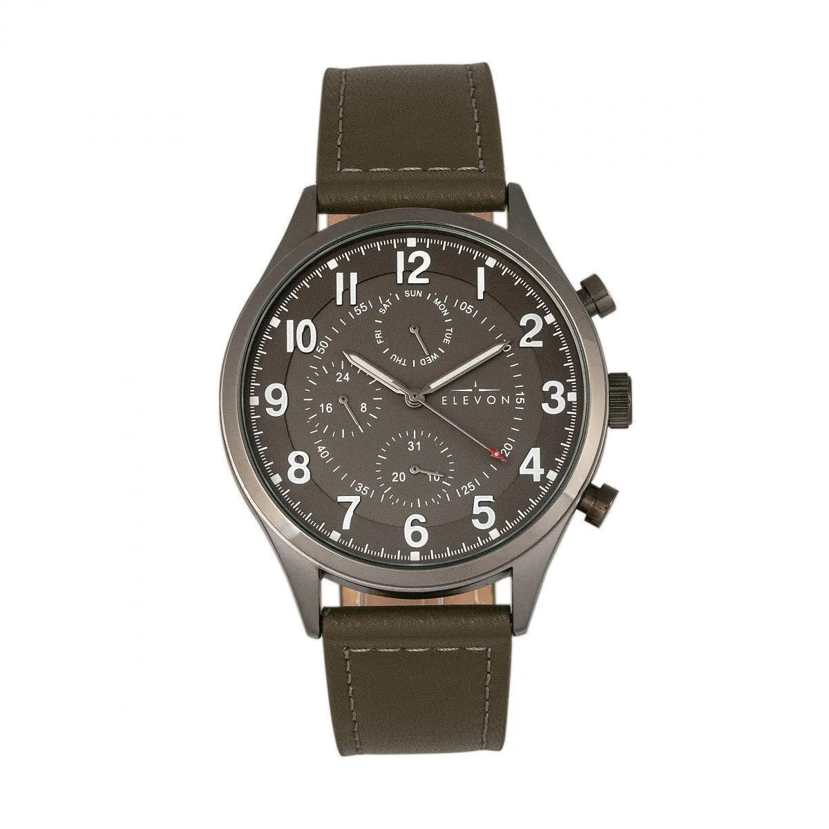 Elevon Lindbergh Leather-Band Watch w/Day/Date -  Olive/Grey