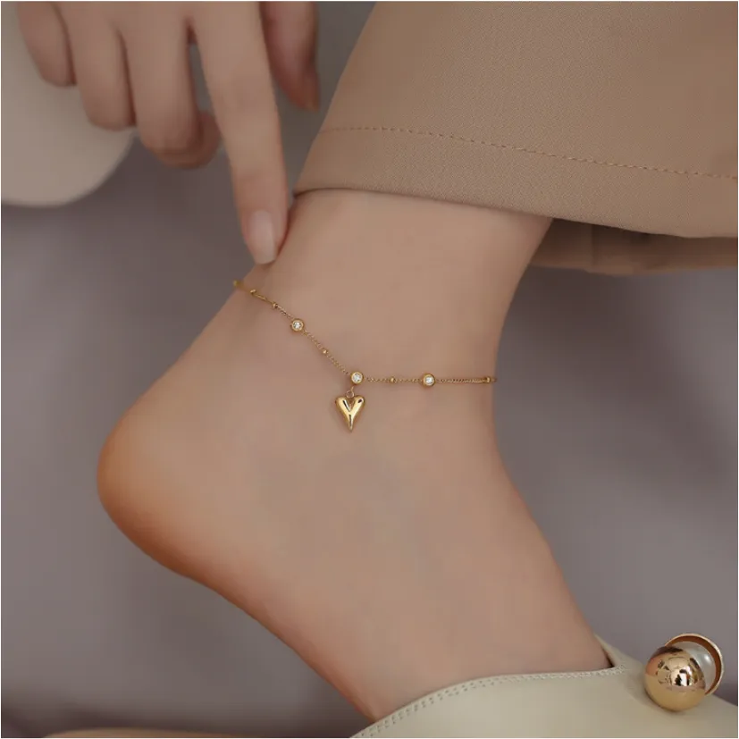 Embedded Zircon Love Heart Ankle Ornaments Charm Beaded Chain Anklet For Women