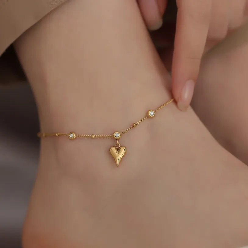 Embedded Zircon Love Heart Ankle Ornaments Charm Beaded Chain Anklet For Women