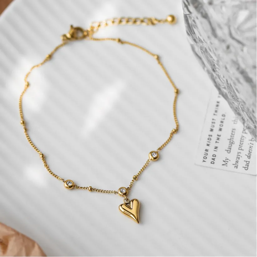 Embedded Zircon Love Heart Ankle Ornaments Charm Beaded Chain Anklet For Women