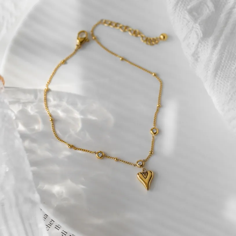 Embedded Zircon Love Heart Ankle Ornaments Charm Beaded Chain Anklet For Women