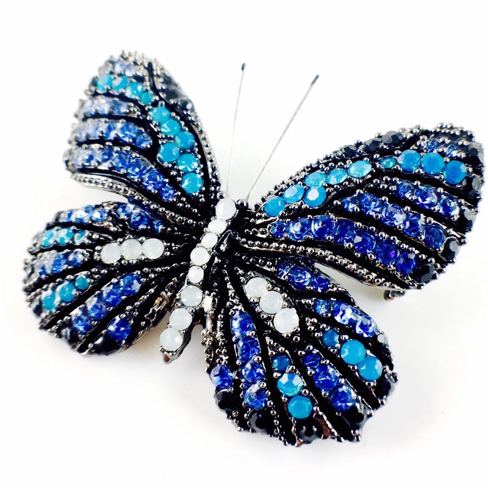 Fairy Butterfly Brooch use Swarovski Crystal metallic black base multi colors Blue Sapphire White Black