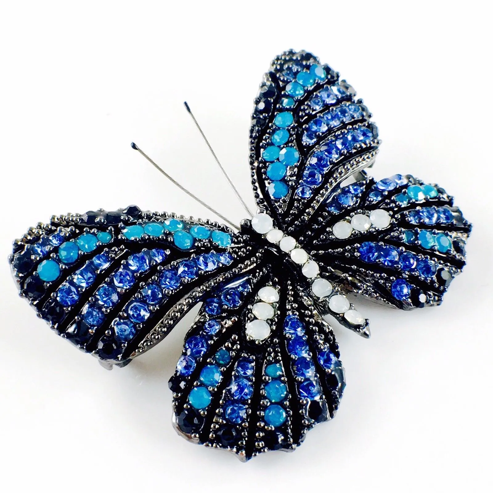 Fairy Butterfly Brooch use Swarovski Crystal metallic black base multi colors Blue Sapphire White Black