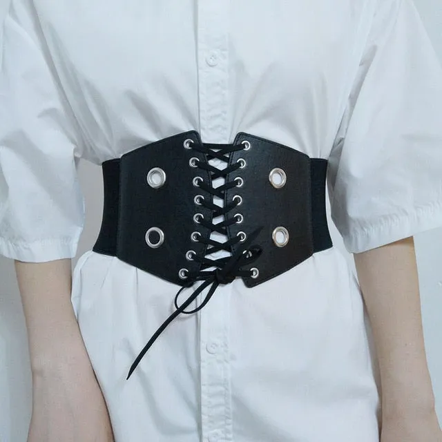 Faux Leather Lace Up Wrap Waist Dress Belt Corset