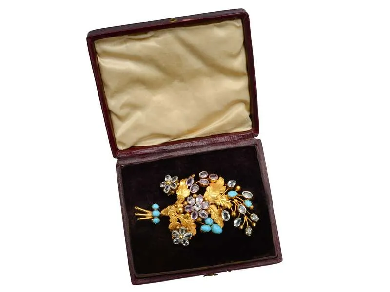 Georgian Flower Spray Gem Set Brooch in Box