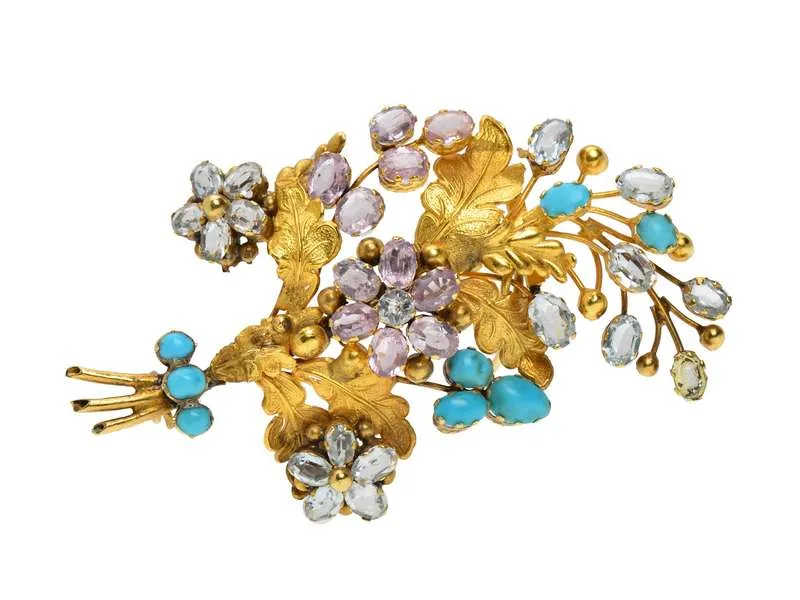 Georgian Flower Spray Gem Set Brooch in Box