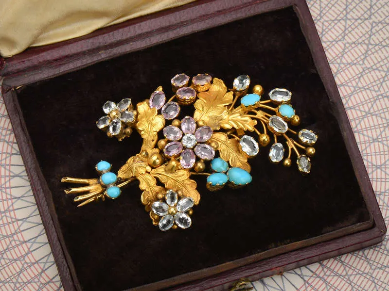 Georgian Flower Spray Gem Set Brooch in Box