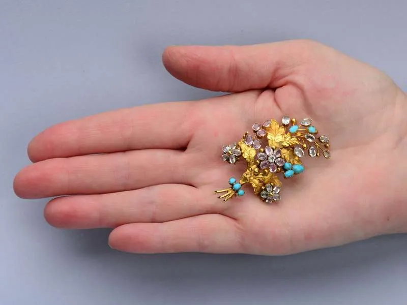 Georgian Flower Spray Gem Set Brooch in Box